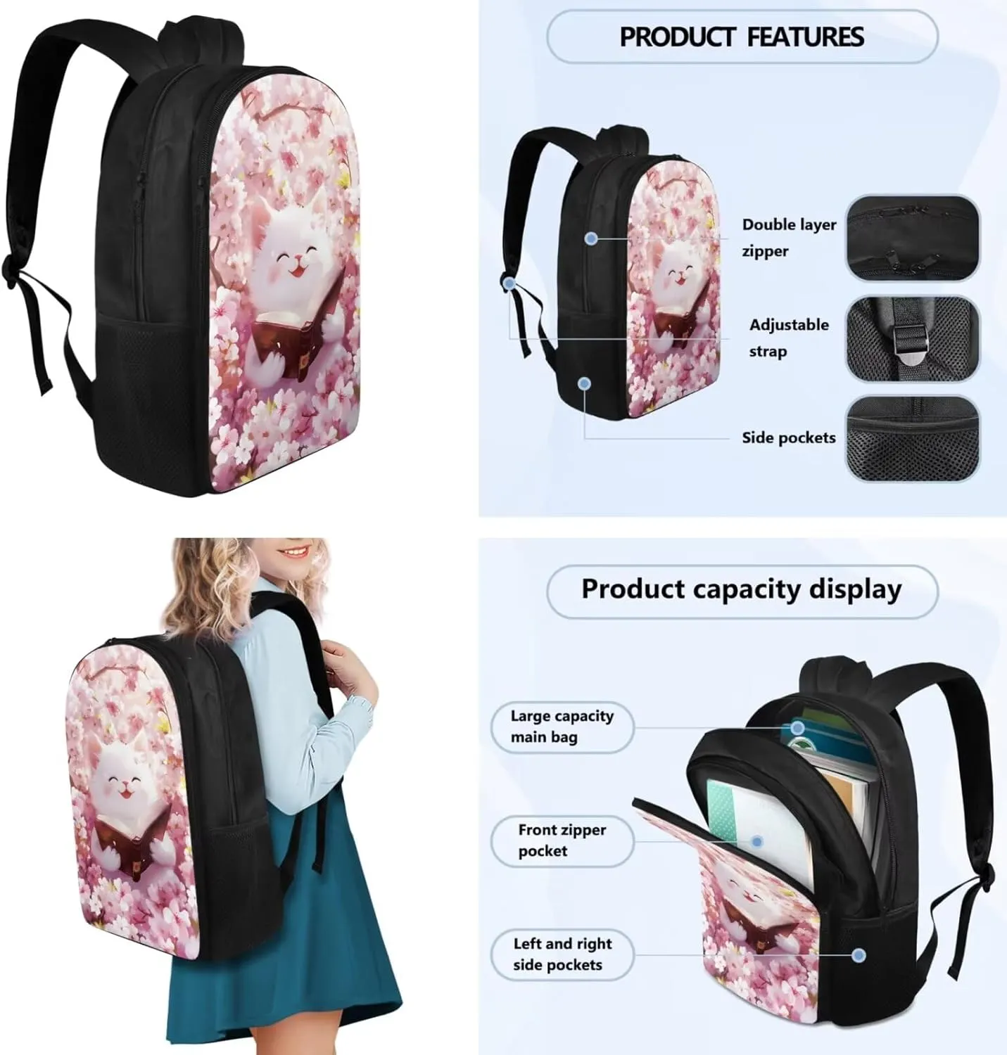 Cute Cat Simple Modern Backpack and Lunch Box Set 17 Inch Kawaii Large School Backpack for Teen Boys 4 In 1 Set Kids Insulated Water Bottle Lightweight Water Bottle Carrier Bag