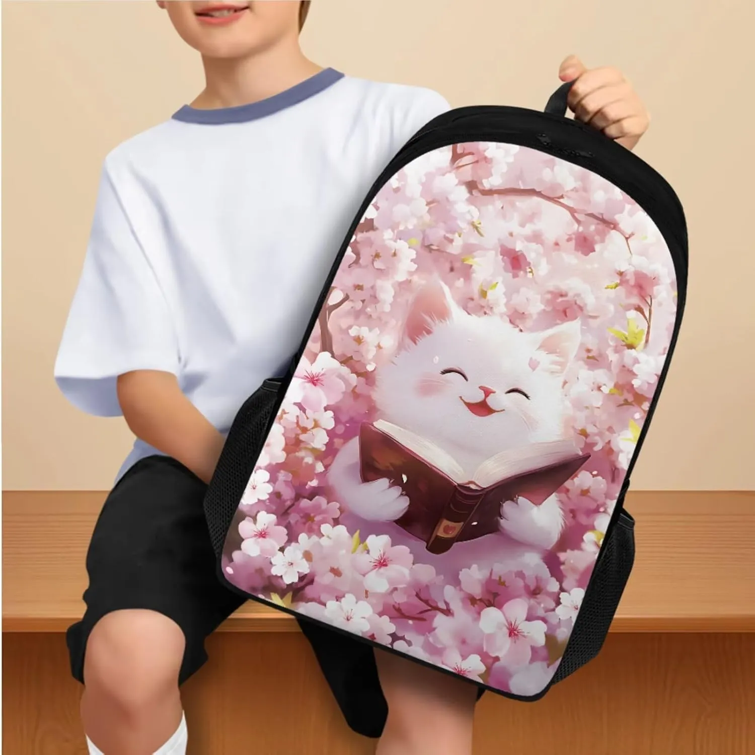 Cute Cat Simple Modern Backpack and Lunch Box Set 17 Inch Kawaii Large School Backpack for Teen Boys 4 In 1 Set Kids Insulated Water Bottle Lightweight Water Bottle Carrier Bag
