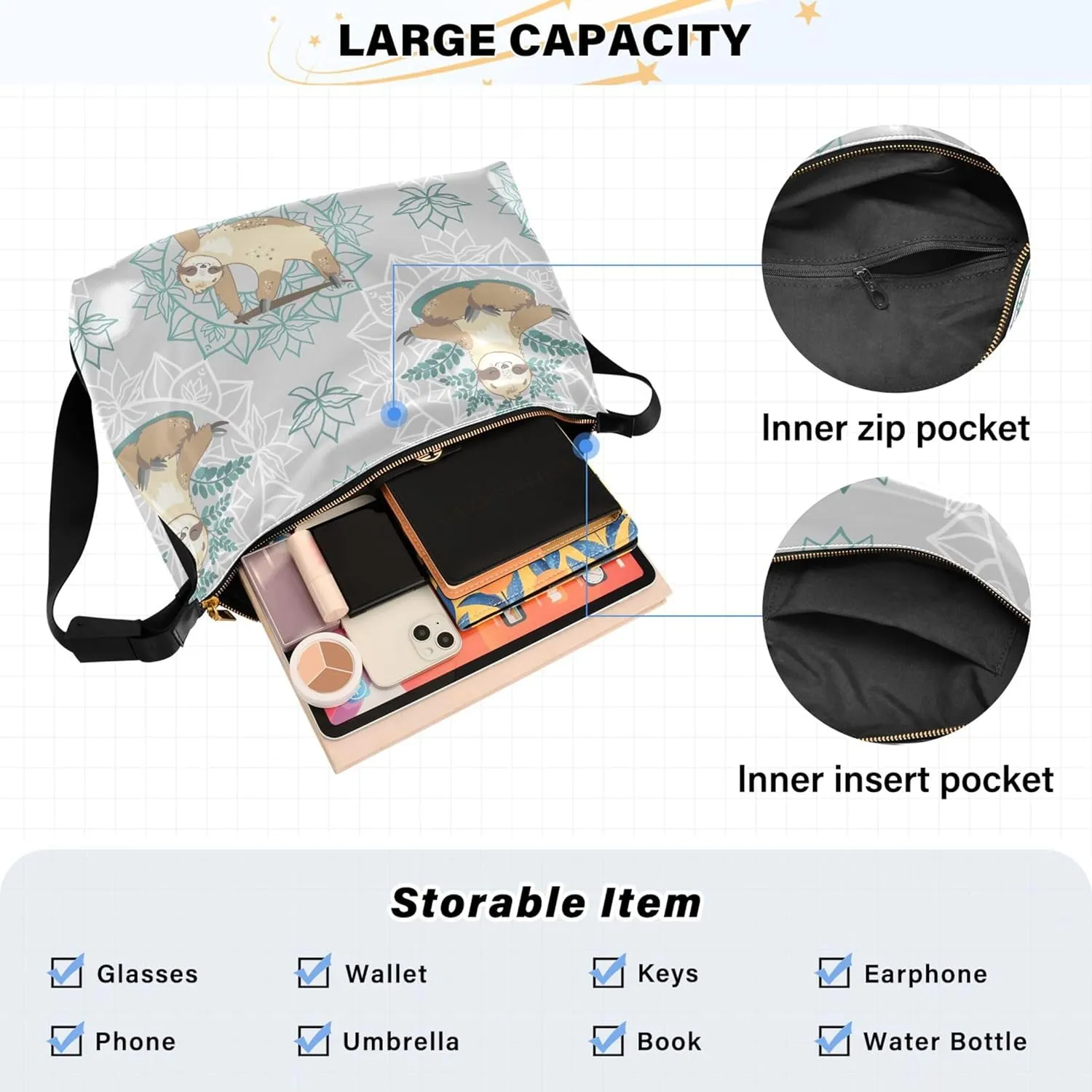Cute Sloths Yoga Mandala Women Leather Handbags Hobo Large Men Purses Unique Animal Print Designer Hobo Bags