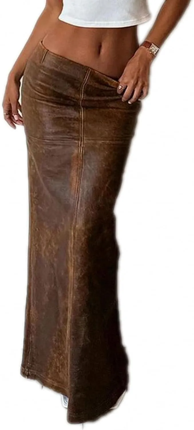 Dawery Vintage Leather Skirt Women Street Style Low Rise Straight Long Skirts Harajuku Ladies Autumn Winter Basic Outfits