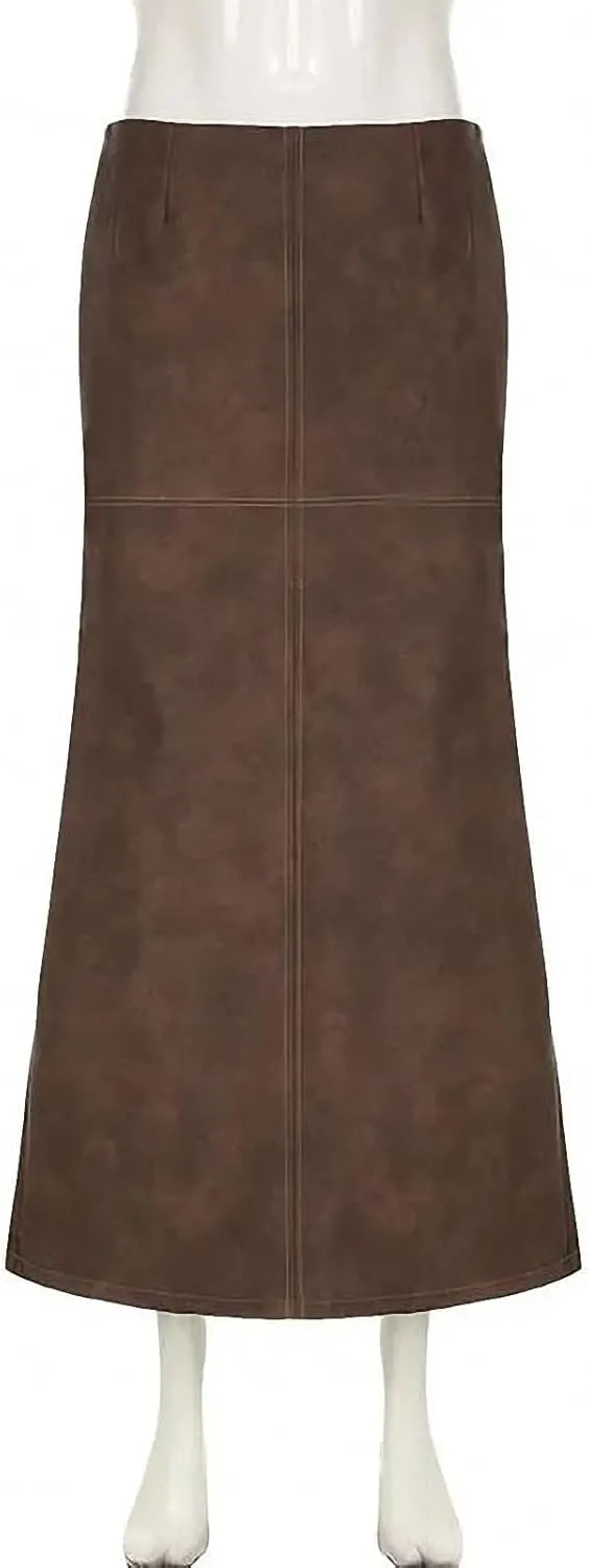 Dawery Vintage Leather Skirt Women Street Style Low Rise Straight Long Skirts Harajuku Ladies Autumn Winter Basic Outfits