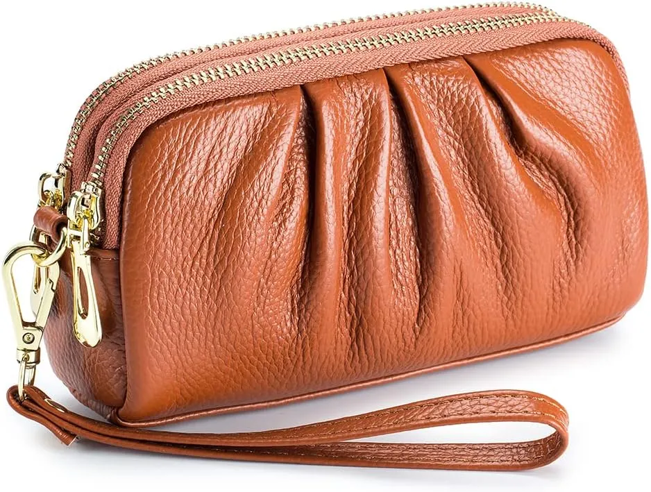 Double Zipper Ladies Wallet Coin Purse Genuine Leather Phone Bag Women Large Capacity Long Clutch with Wristlet Strap Multi-Function Handbag, Brown, M, Modern