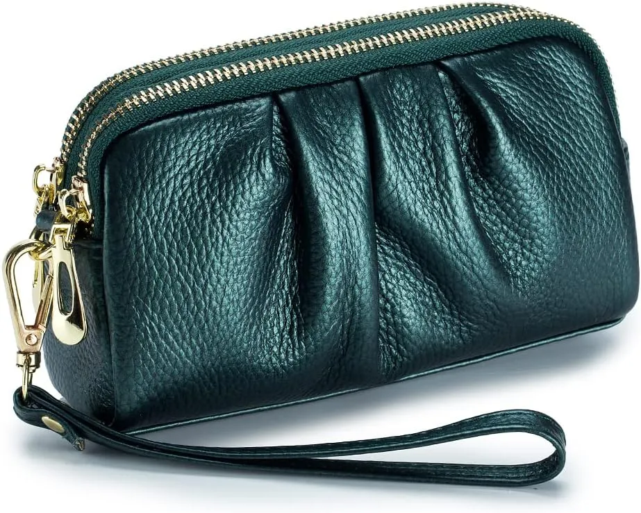 Double Zipper Ladies Wallet Coin Purse Genuine Leather Phone Bag Women Large Capacity Long Clutch with Wristlet Strap Multi-Function Handbag, Green, M, Modern