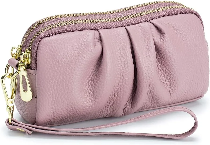 Double Zipper Ladies Wallet Coin Purse Genuine Leather Phone Bag Women Large Capacity Long Clutch with Wristlet Strap Multi-Function Handbag, Light Purple, M, Modern