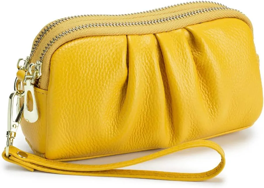 Double Zipper Ladies Wallet Coin Purse Genuine Leather Phone Bag Women Large Capacity Long Clutch with Wristlet Strap Multi-Function Handbag, Yellow, M, Modern
