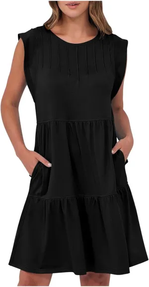 Dresses for Women 2025 Crewneck Ruffle Sleeve Tiered Flowy Unique Chest Line Decoration Mini Dress with Pockets