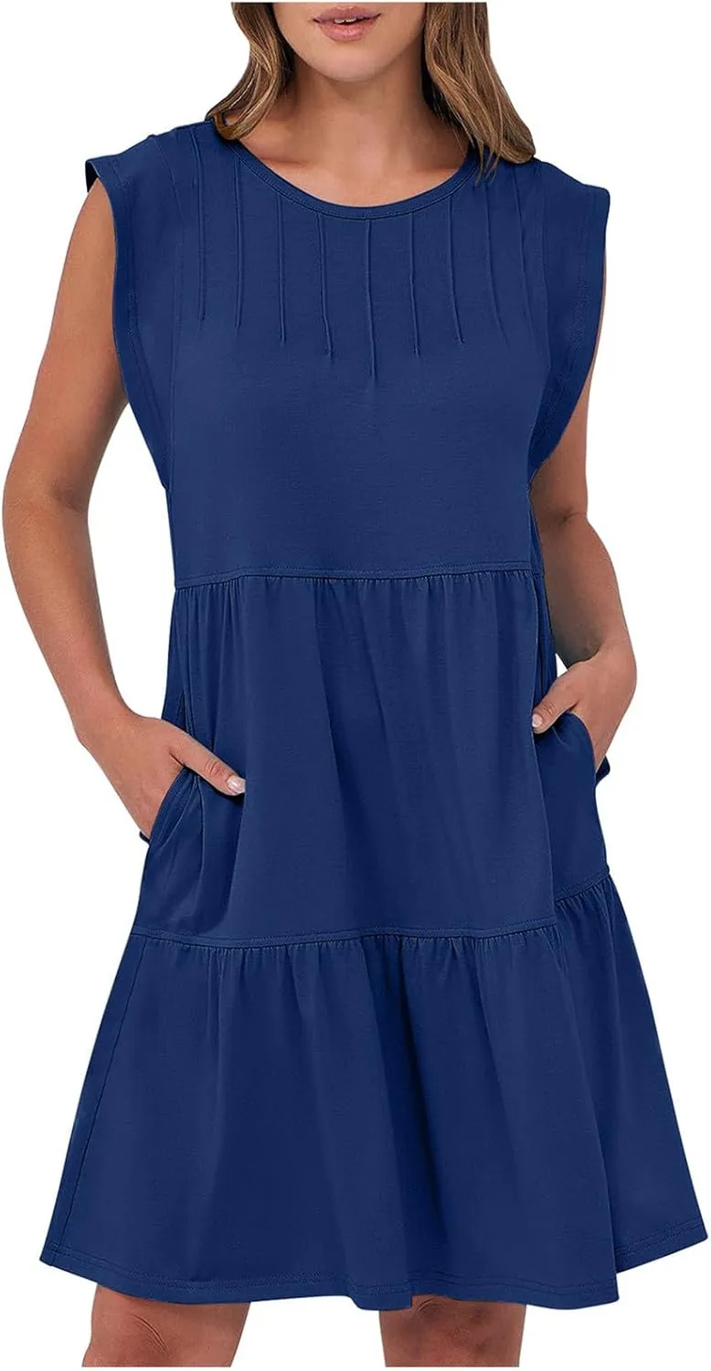 Dresses for Women 2025 Crewneck Ruffle Sleeve Tiered Flowy Unique Chest Line Decoration Mini Dress with Pockets