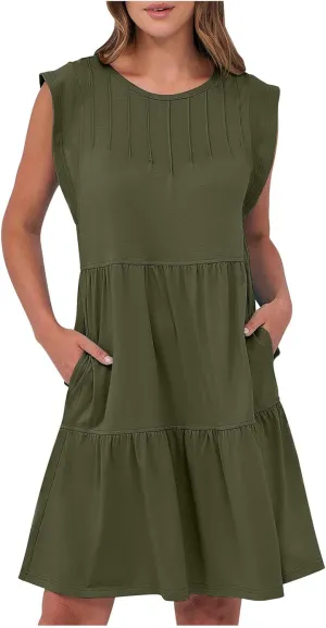 Dresses for Women 2025 Crewneck Ruffle Sleeve Tiered Flowy Unique Chest Line Decoration Mini Dress with Pockets