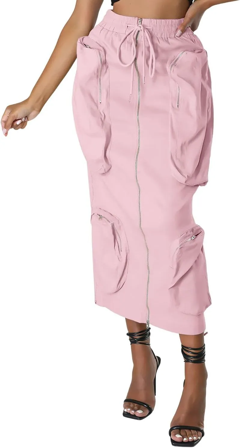 ebossy Women's Vintage 90s Drawstring Stretchy Zipper Muti-Pockets Pencil Long Cargo Skirt
