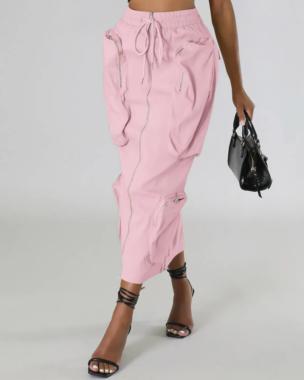 ebossy Women's Vintage 90s Drawstring Stretchy Zipper Muti-Pockets Pencil Long Cargo Skirt