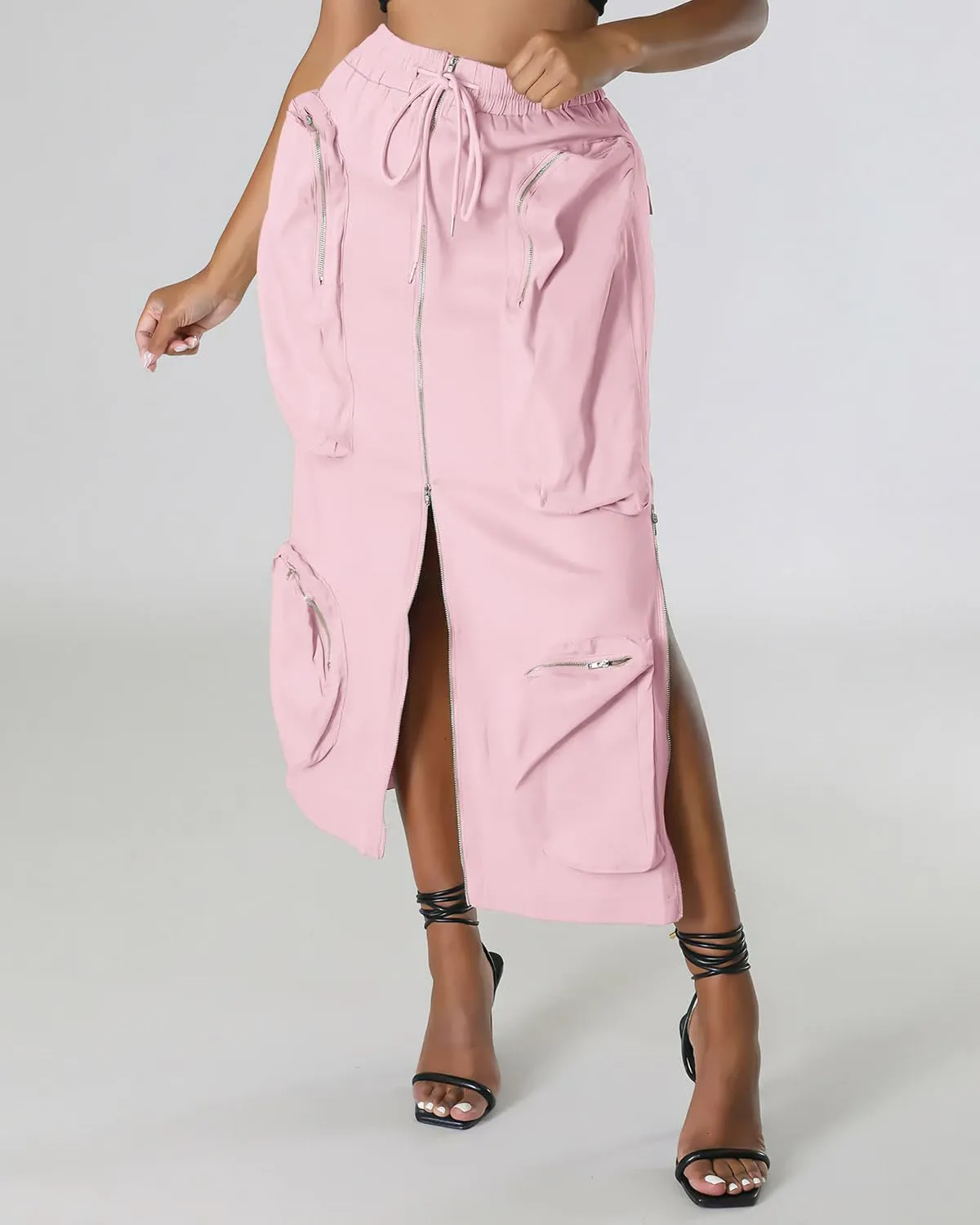 ebossy Women's Vintage 90s Drawstring Stretchy Zipper Muti-Pockets Pencil Long Cargo Skirt