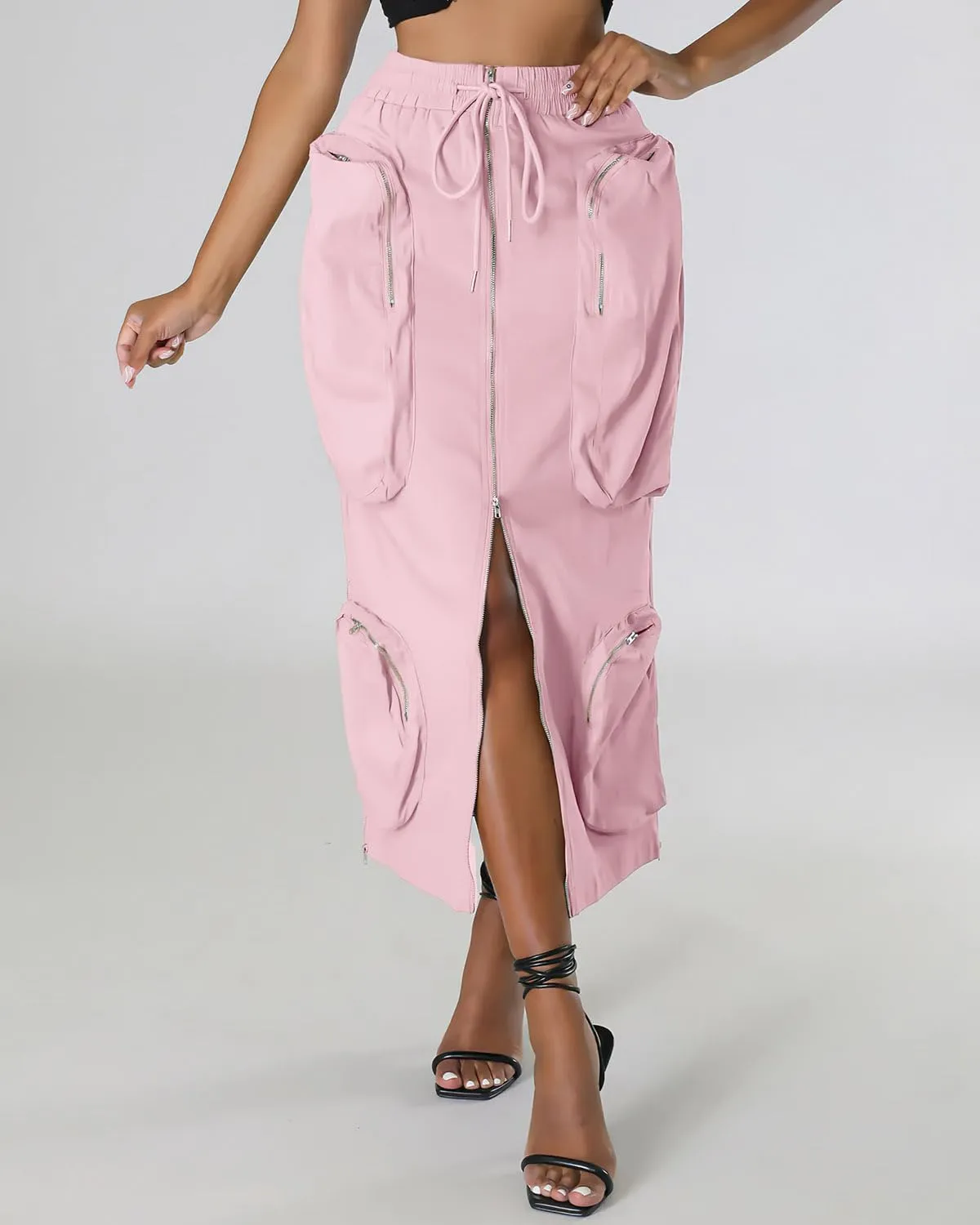 ebossy Women's Vintage 90s Drawstring Stretchy Zipper Muti-Pockets Pencil Long Cargo Skirt