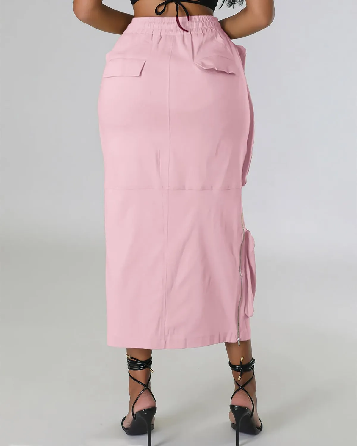 ebossy Women's Vintage 90s Drawstring Stretchy Zipper Muti-Pockets Pencil Long Cargo Skirt