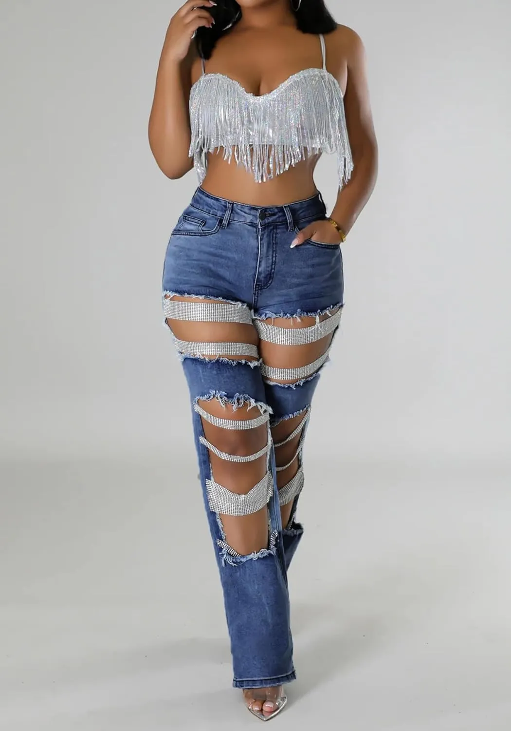 Famnbro Womens Pearl Jeans Ripped Baggy Y2k High Waisted Straight Wide Leg Sexy Denim Pants with Rhinestone