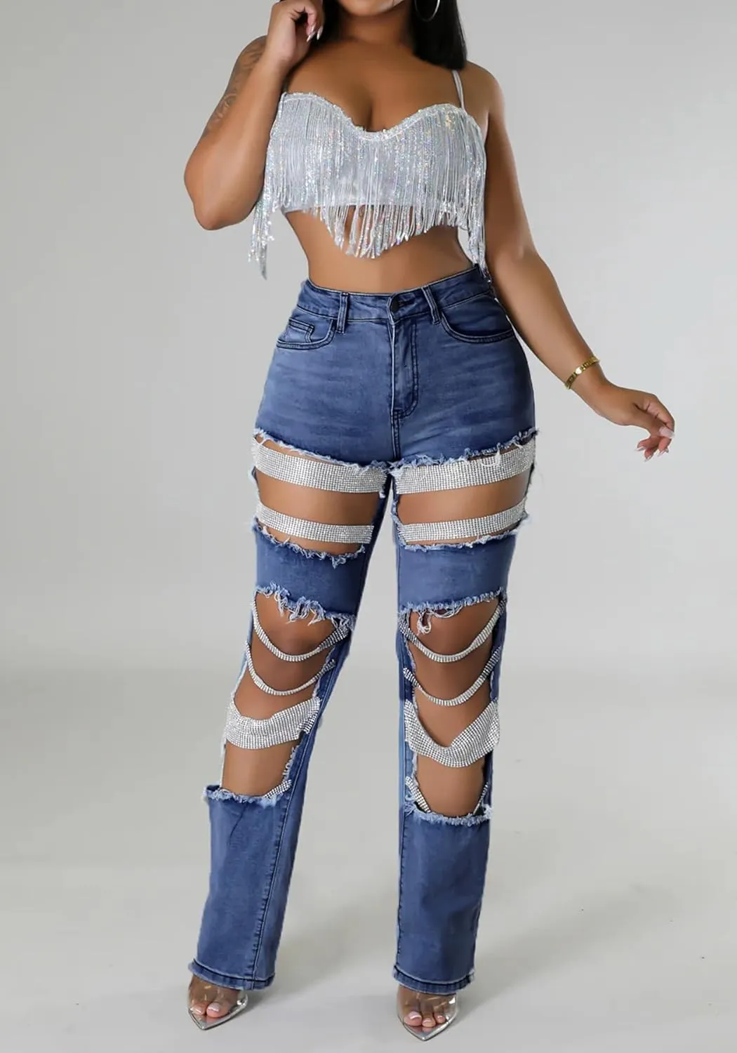 Famnbro Womens Pearl Jeans Ripped Baggy Y2k High Waisted Straight Wide Leg Sexy Denim Pants with Rhinestone