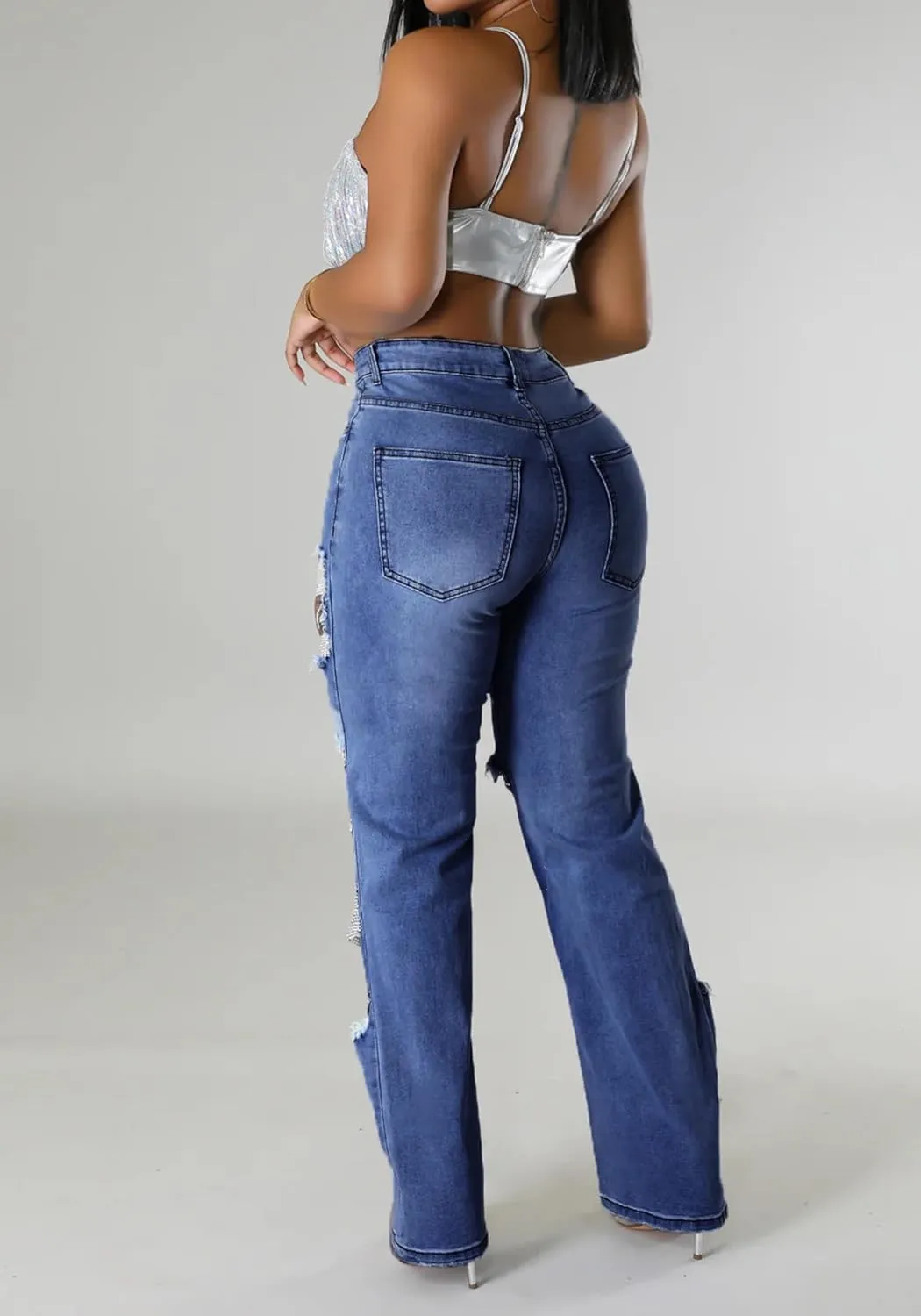 Famnbro Womens Pearl Jeans Ripped Baggy Y2k High Waisted Straight Wide Leg Sexy Denim Pants with Rhinestone