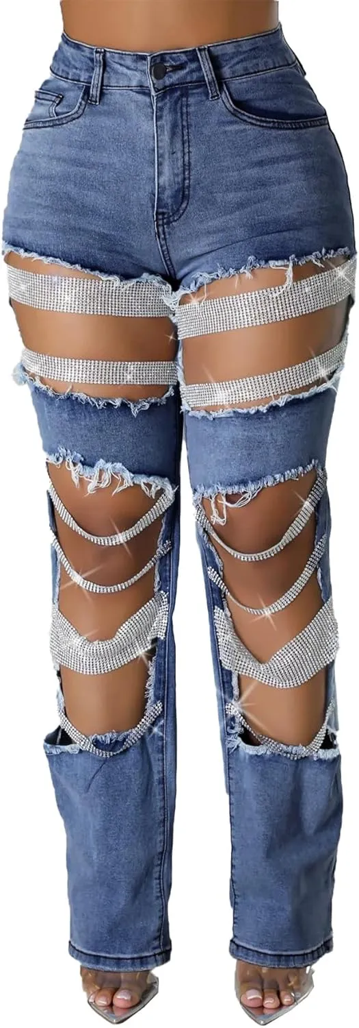 Famnbro Womens Pearl Jeans Ripped Baggy Y2k High Waisted Straight Wide Leg Sexy Denim Pants with Rhinestone