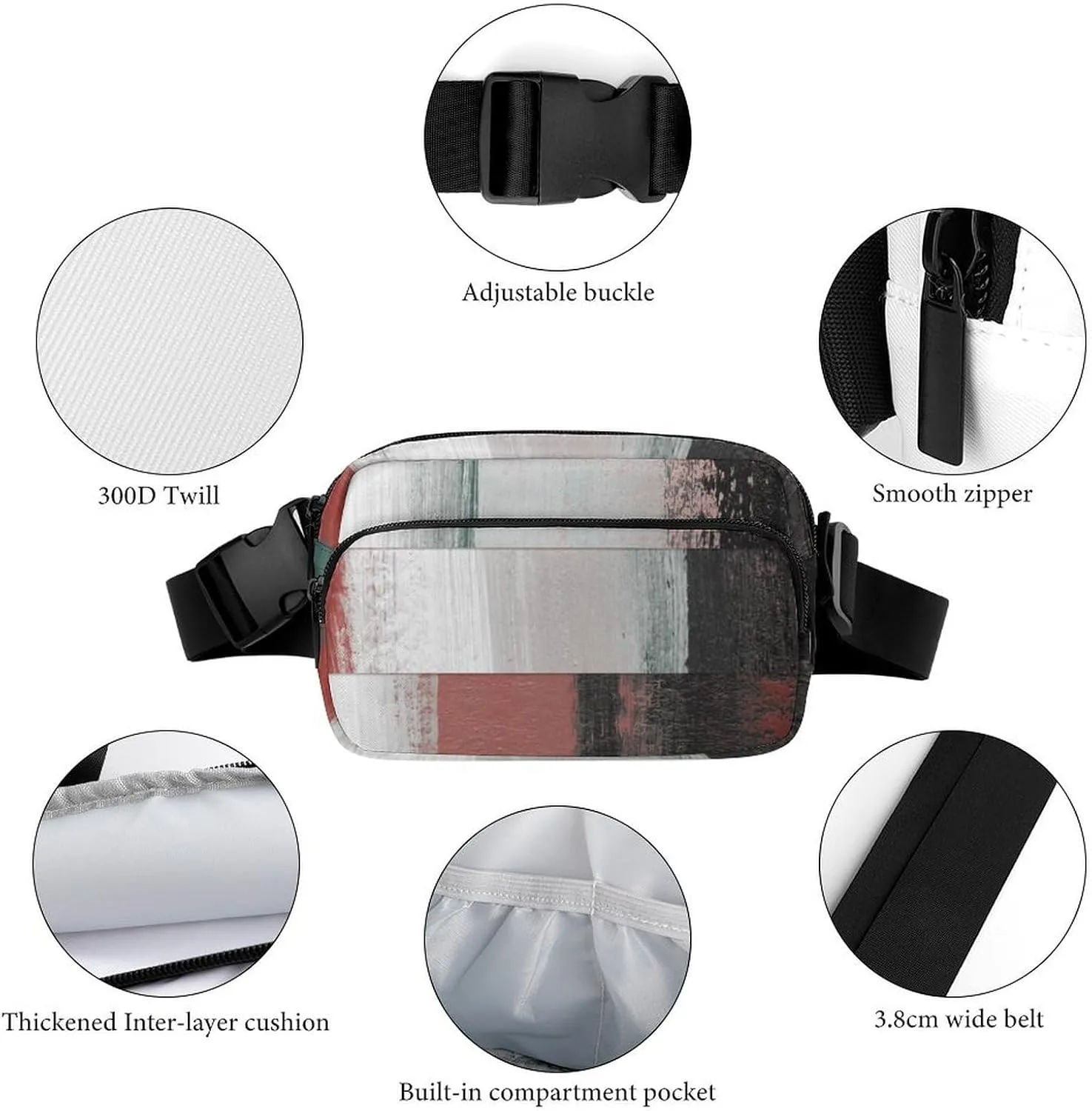 Fanny Pack for Women Men Black Red Modern Geometric Art Belt Bag Waist Pack Bum Bag for Running Cycling Hiking Travel Workout with Adjustable Strap