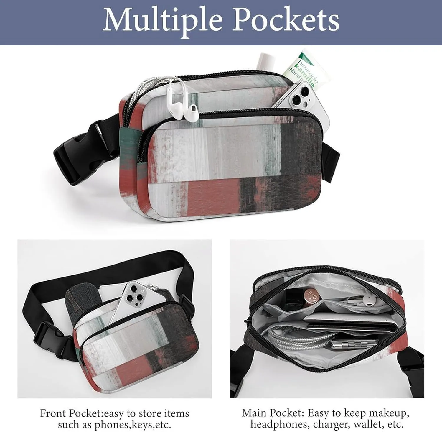 Fanny Pack for Women Men Black Red Modern Geometric Art Belt Bag Waist Pack Bum Bag for Running Cycling Hiking Travel Workout with Adjustable Strap