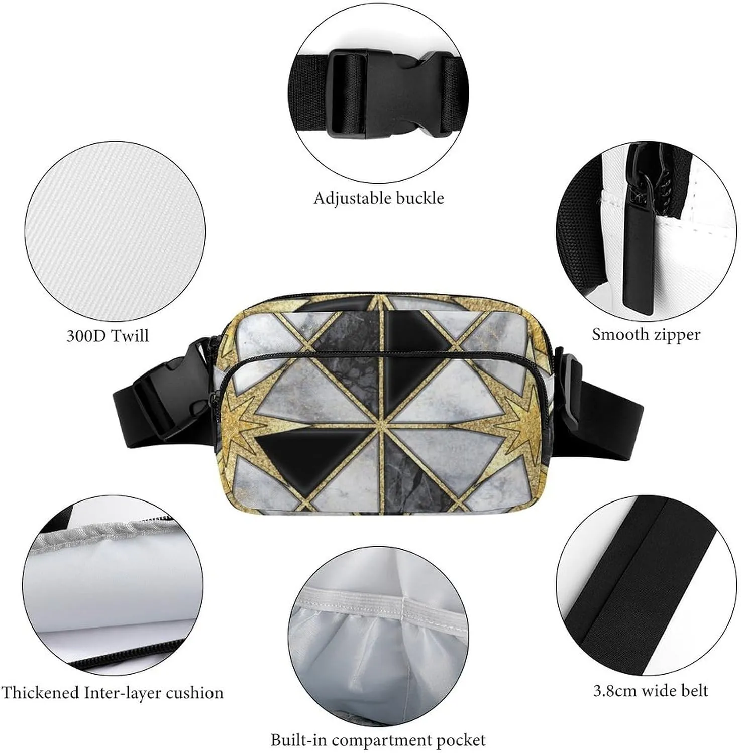 Fanny Pack for Women Men Luxury Geometric Marble Belt Bag Golden Black Modern Waist Pack Bum Bag for Running Cycling Hiking Travel Workout with Adjustable Strap