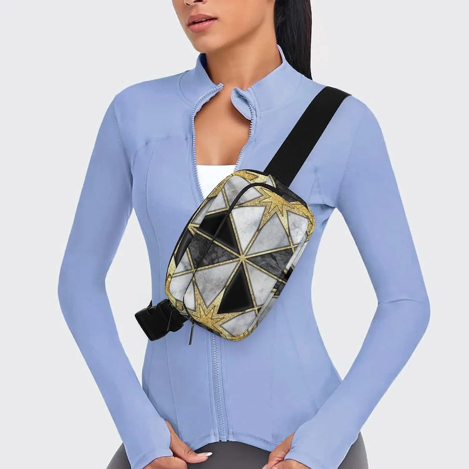 Fanny Pack for Women Men Luxury Geometric Marble Belt Bag Golden Black Modern Waist Pack Bum Bag for Running Cycling Hiking Travel Workout with Adjustable Strap