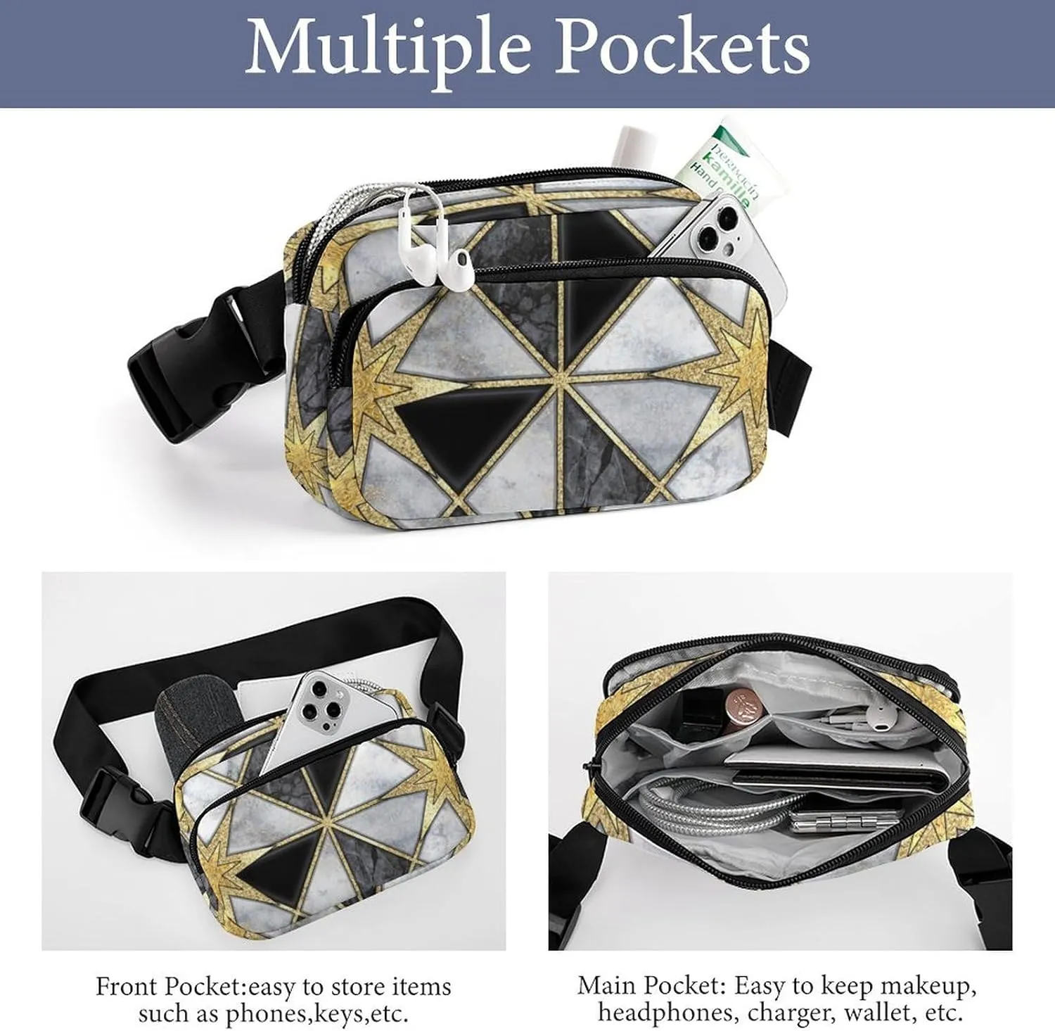 Fanny Pack for Women Men Luxury Geometric Marble Belt Bag Golden Black Modern Waist Pack Bum Bag for Running Cycling Hiking Travel Workout with Adjustable Strap