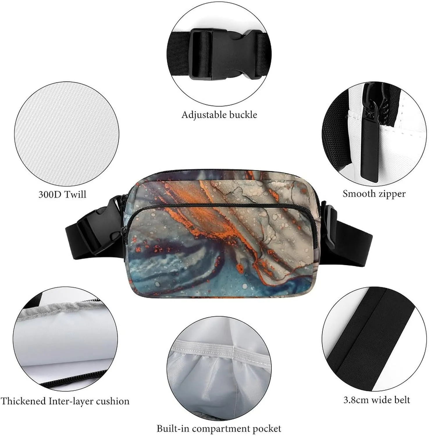 Fanny Pack for Women Men Marble Ink Abstract Art Belt Bag Modern Art Waist Pack Bum Bag for Running Cycling Hiking Travel Workout with Adjustable Strap