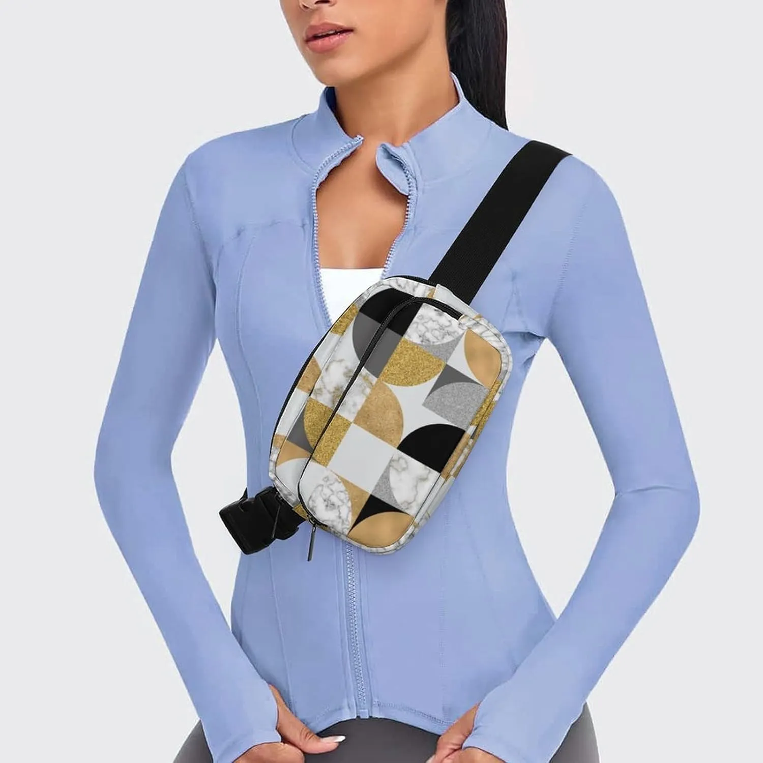 Fanny Pack for Women Men Modern Art Geometric Belt Bag White Golden Waist Pack Bum Bag for Running Cycling Hiking Travel Workout with Adjustable Strap