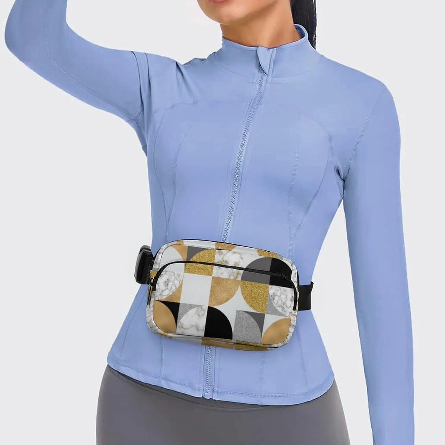 Fanny Pack for Women Men Modern Art Geometric Belt Bag White Golden Waist Pack Bum Bag for Running Cycling Hiking Travel Workout with Adjustable Strap