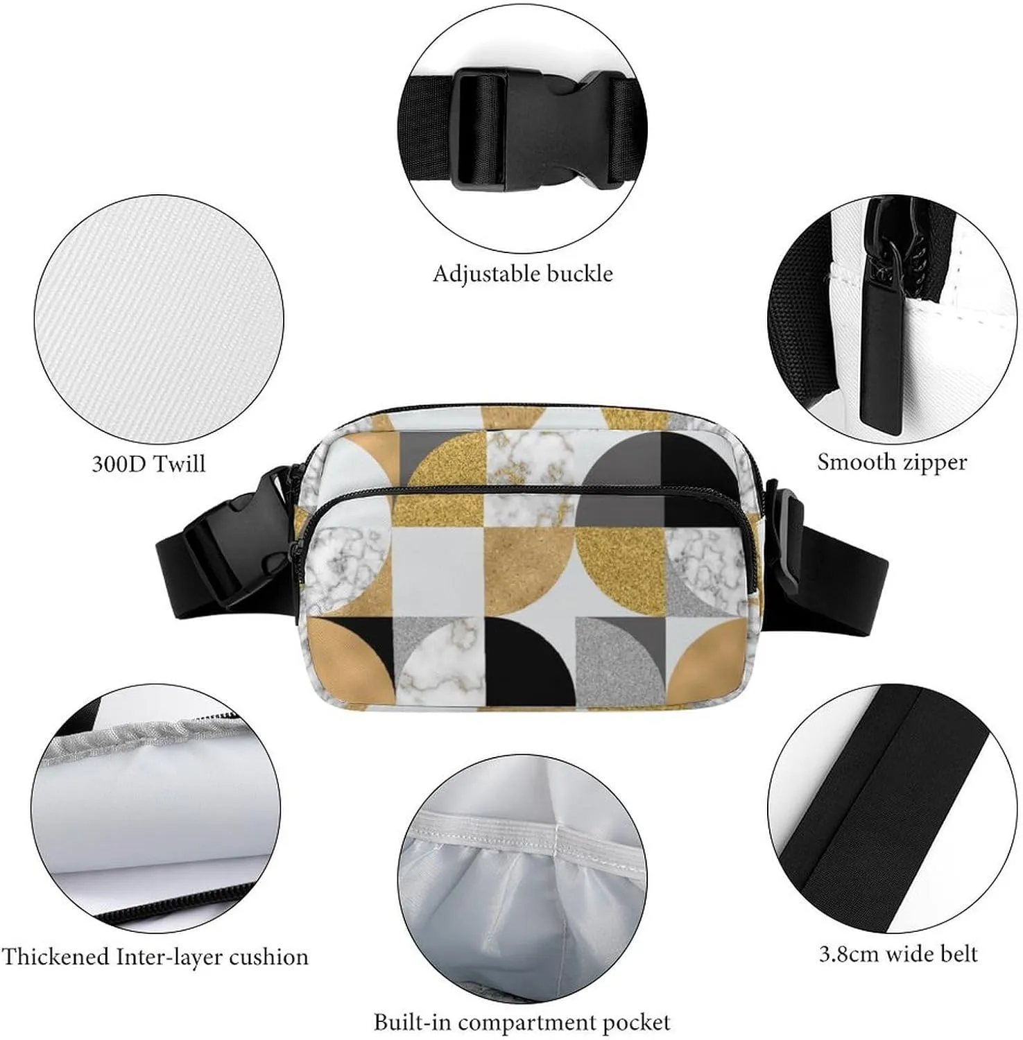 Fanny Pack for Women Men Modern Art Geometric Belt Bag White Golden Waist Pack Bum Bag for Running Cycling Hiking Travel Workout with Adjustable Strap