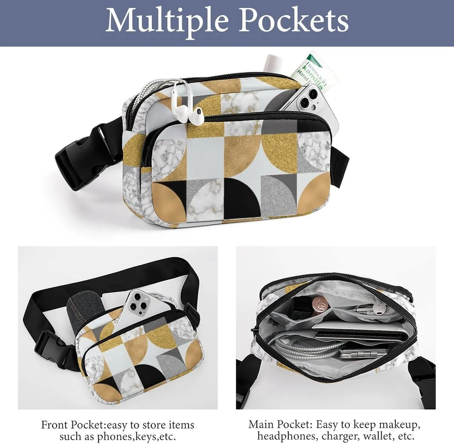 Fanny Pack for Women Men Modern Art Geometric Belt Bag White Golden Waist Pack Bum Bag for Running Cycling Hiking Travel Workout with Adjustable Strap