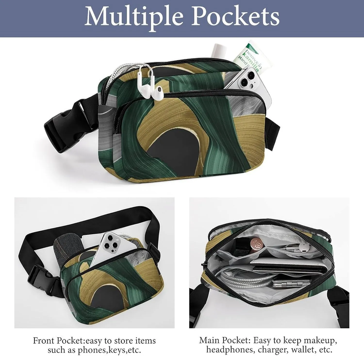 Fanny Pack for Women Men Modern Art Green Grey Golden Belt Bag Abstract Art Waist Pack Bum Bag for Running Cycling Hiking Travel Workout with Adjustable Strap