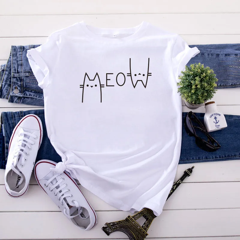 Fashion Cat Letter Cotton T-Shirt