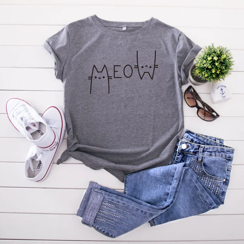 Fashion Cat Letter Cotton T-Shirt