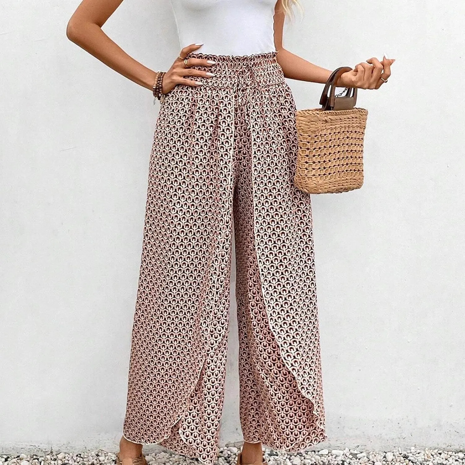 Fashion Drawstring Summer Pant for Womens Wide Leg Pants High Waist Flowy Trousers Floral Fitting Casual Lounge Pants