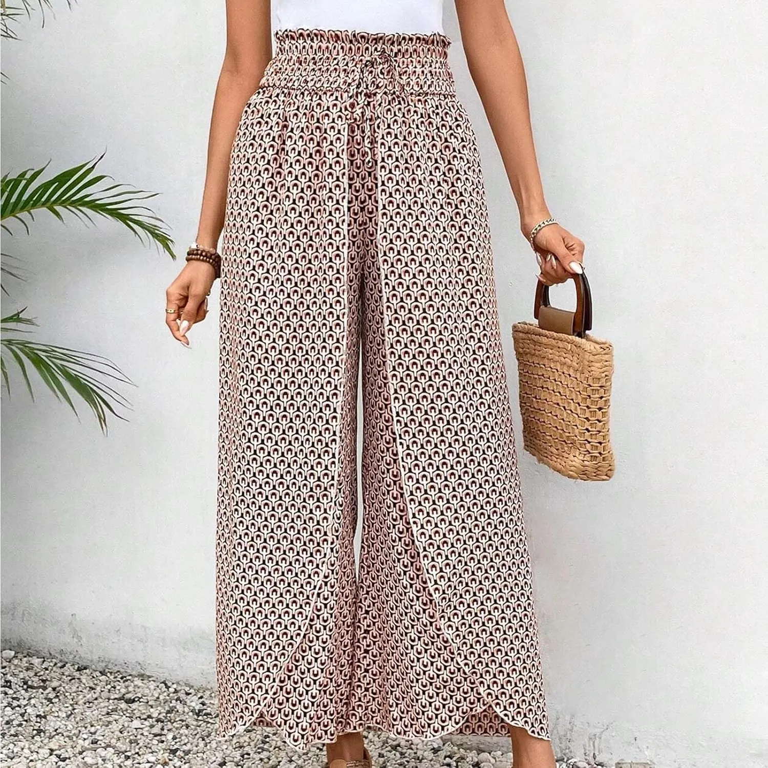 Fashion Drawstring Summer Pant for Womens Wide Leg Pants High Waist Flowy Trousers Floral Fitting Casual Lounge Pants