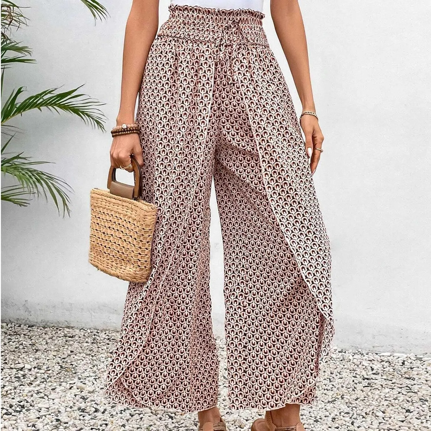 Fashion Drawstring Summer Pant for Womens Wide Leg Pants High Waist Flowy Trousers Floral Fitting Casual Lounge Pants