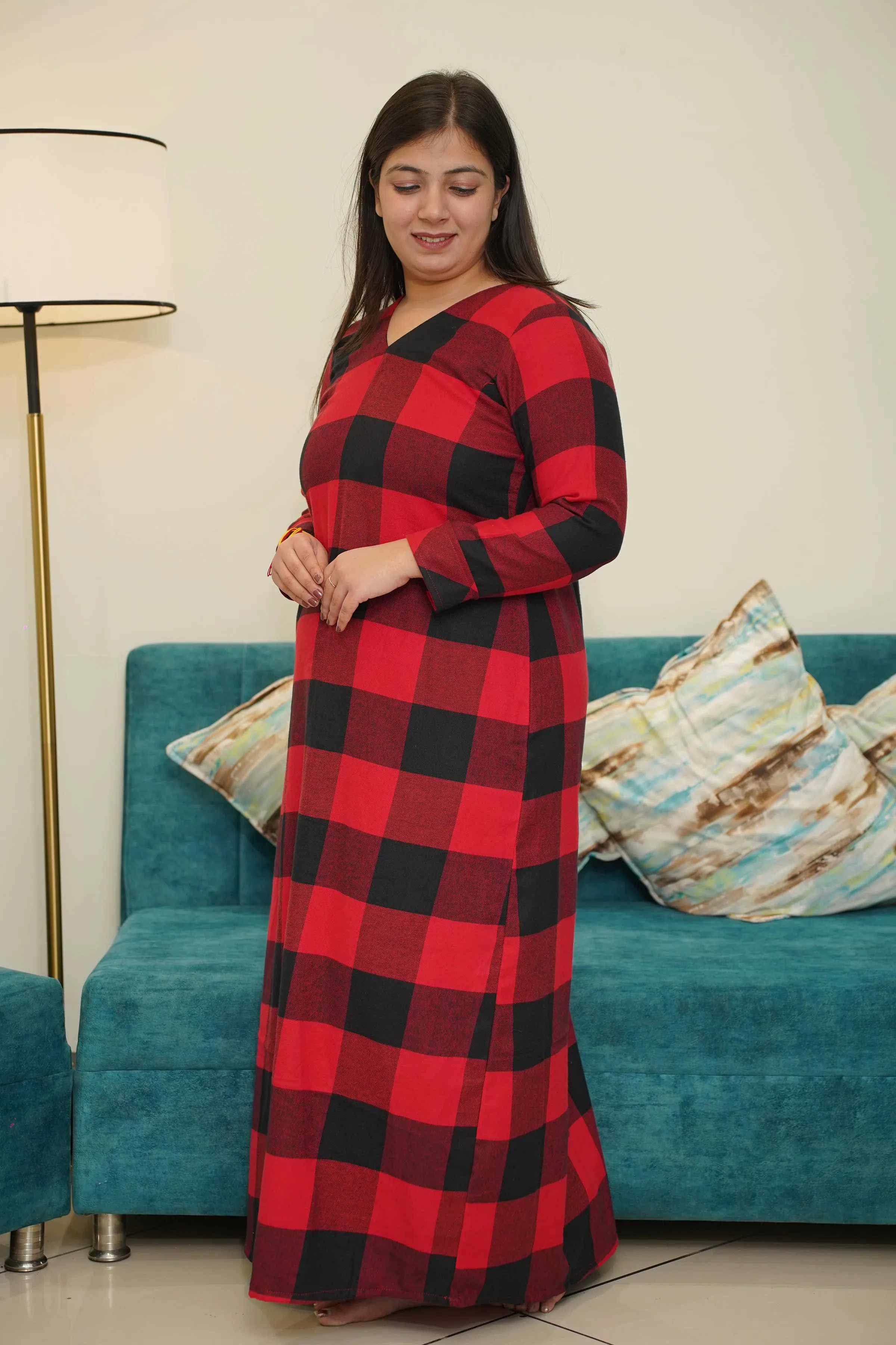 Fiery Plaid Woollen Night Gown