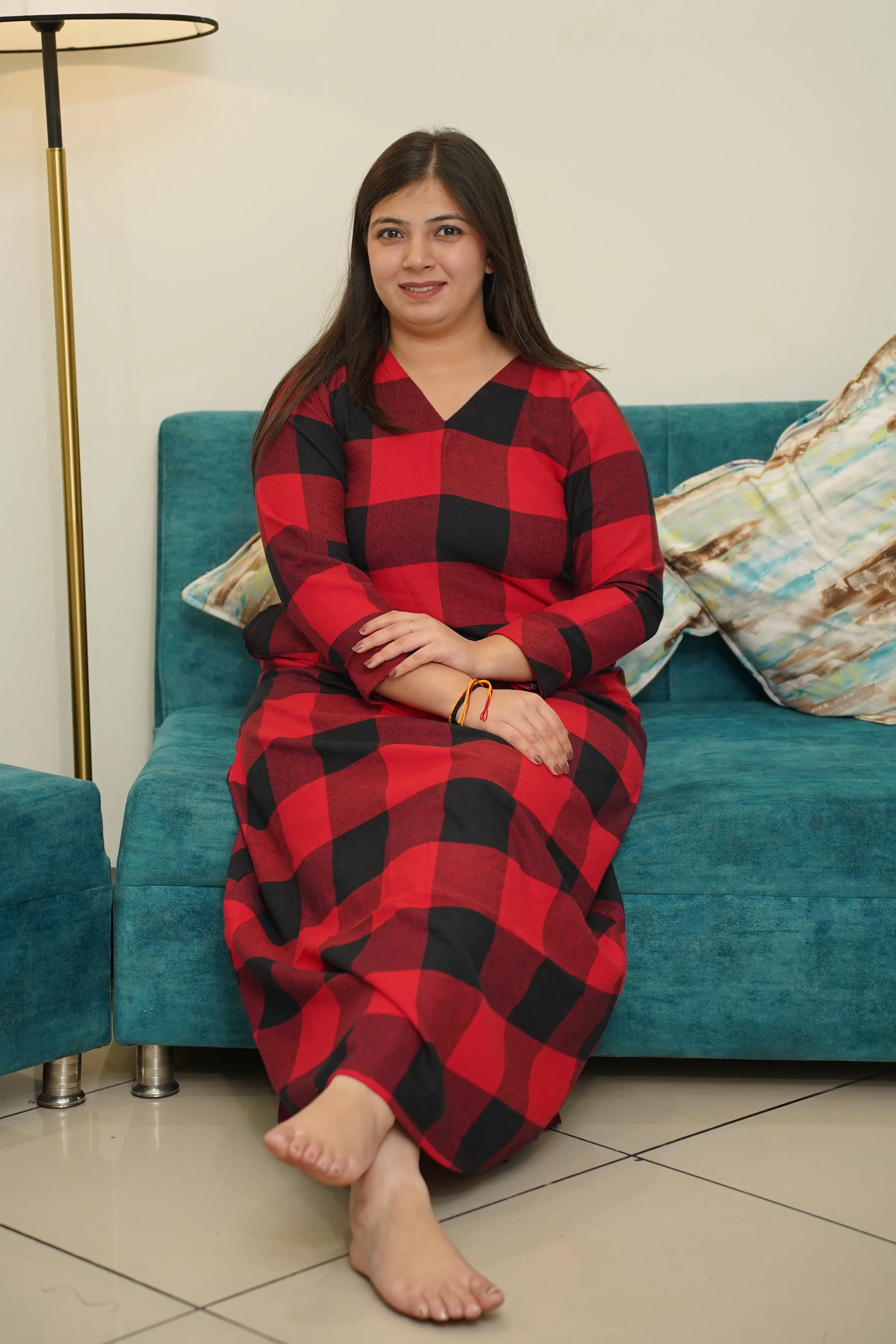 Fiery Plaid Woollen Night Gown