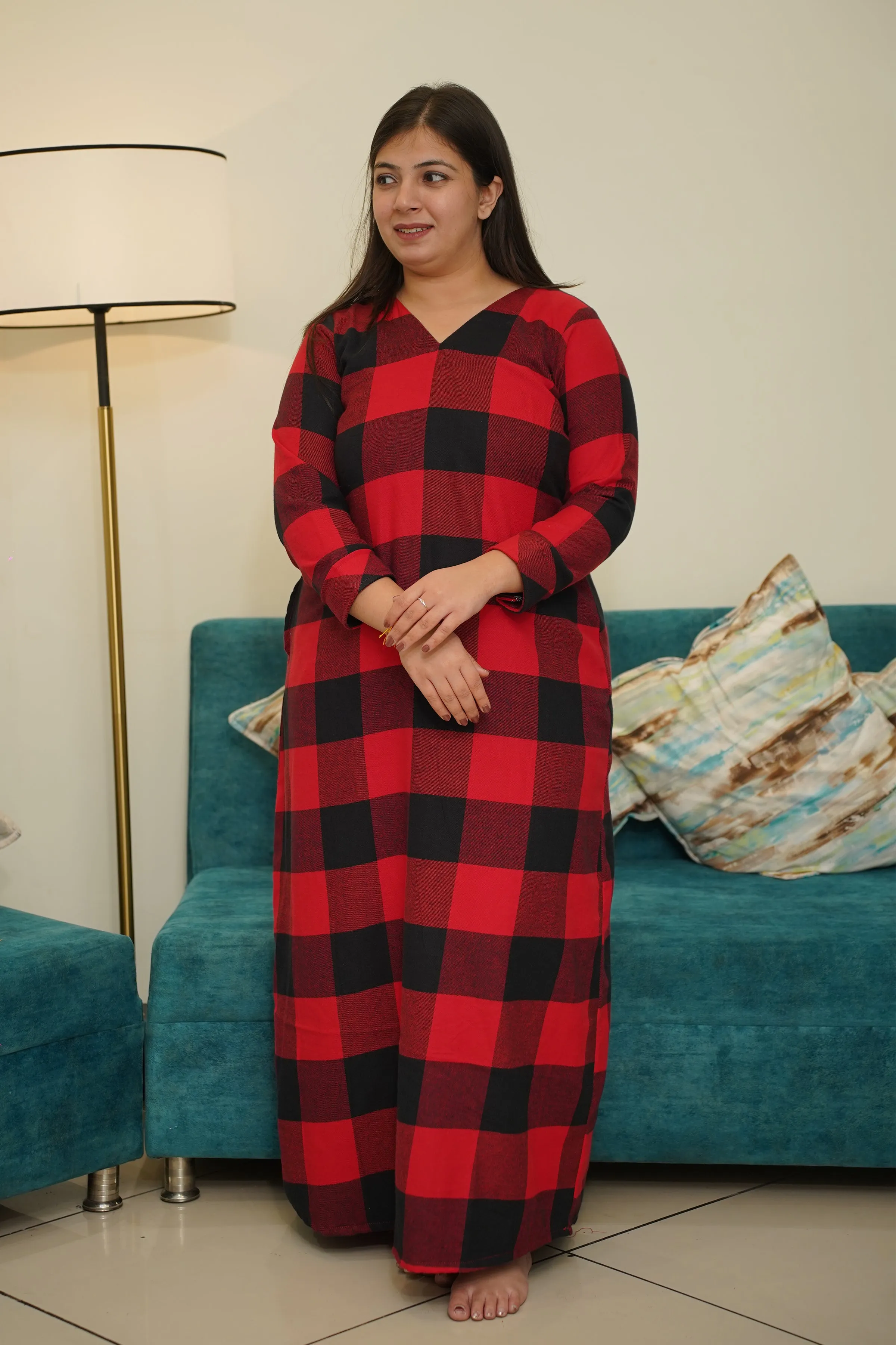 Fiery Plaid Woollen Night Gown