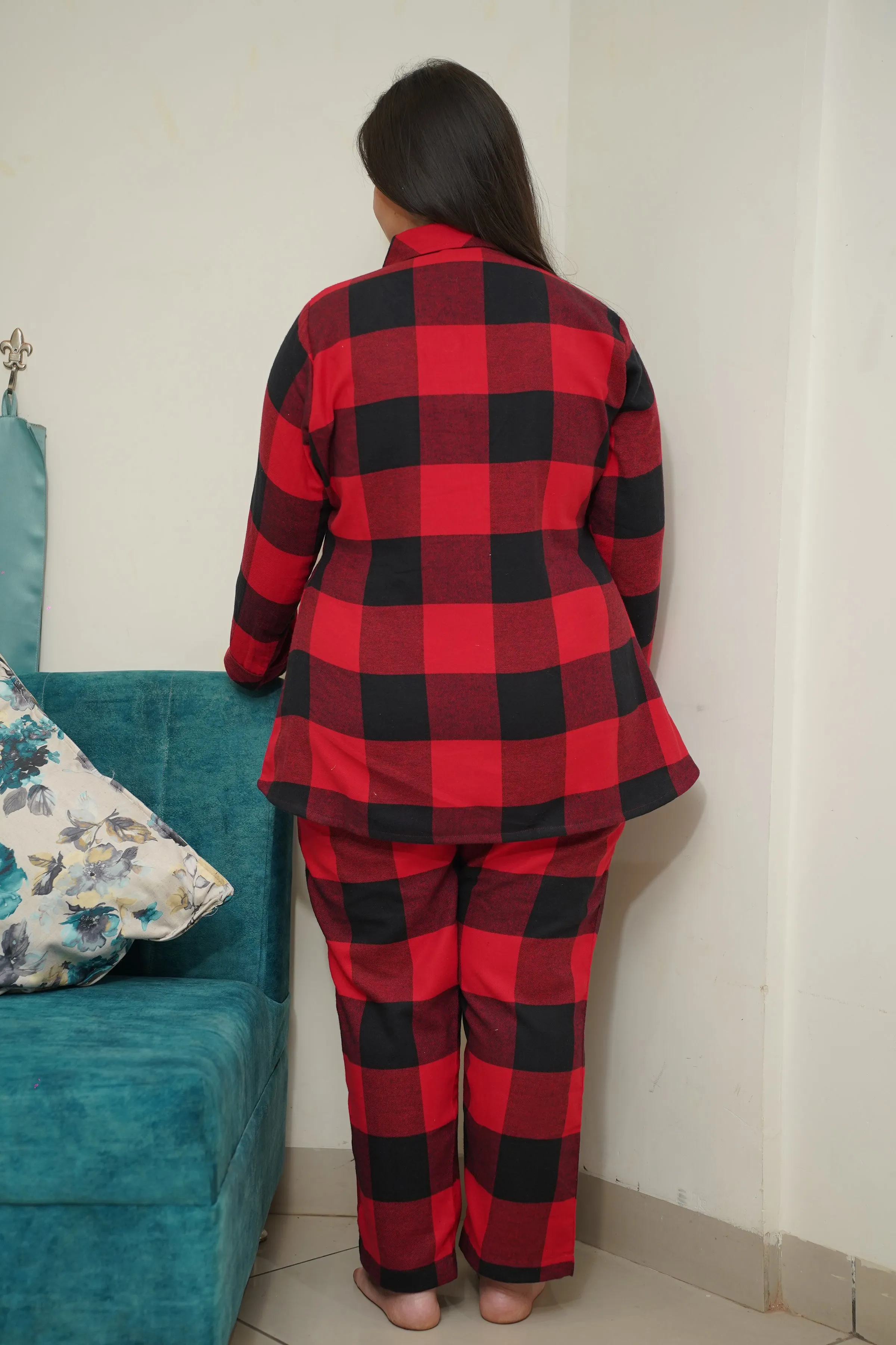 Fiery Plaid Woollen Night Suit