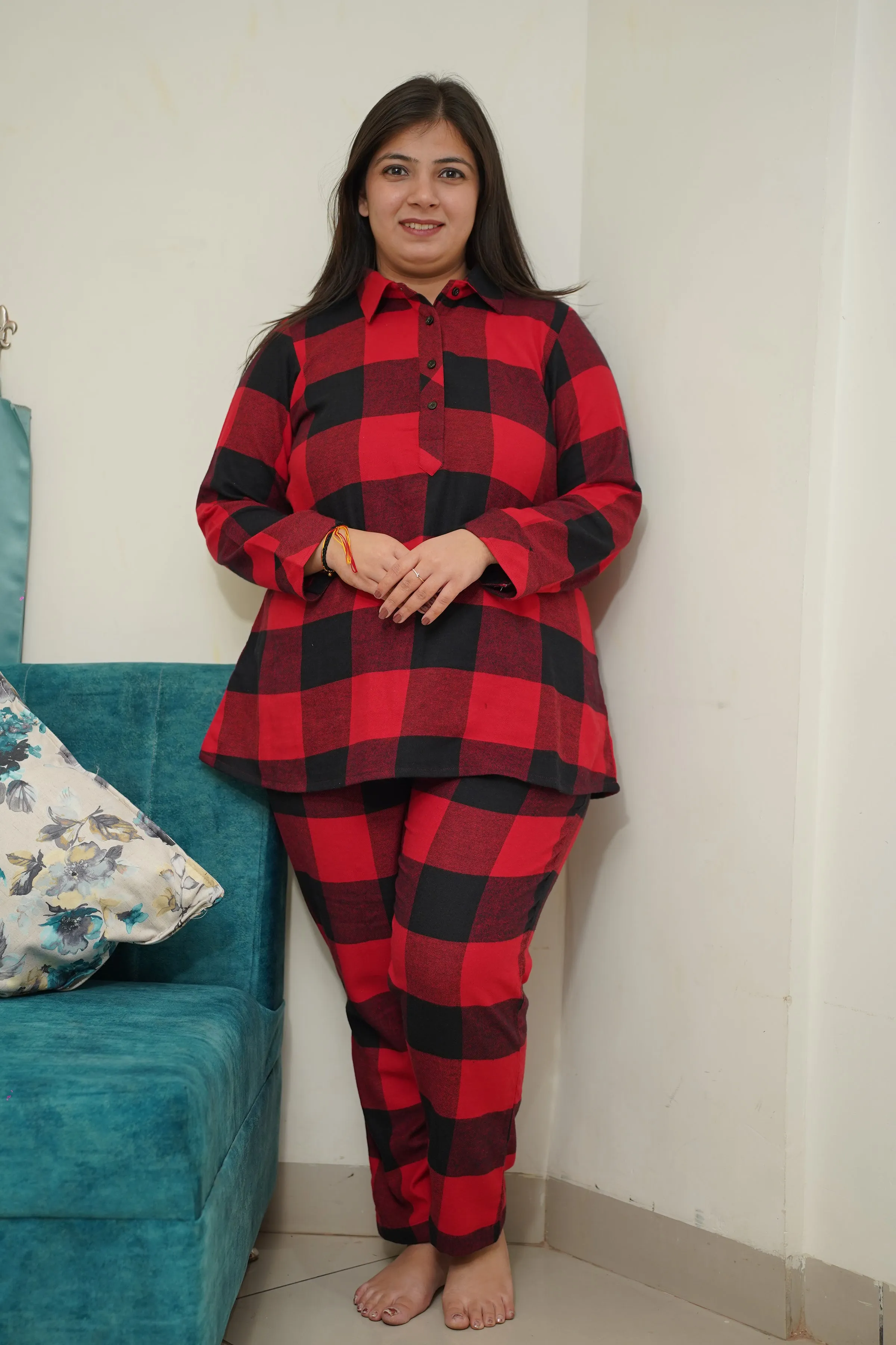 Fiery Plaid Woollen Night Suit