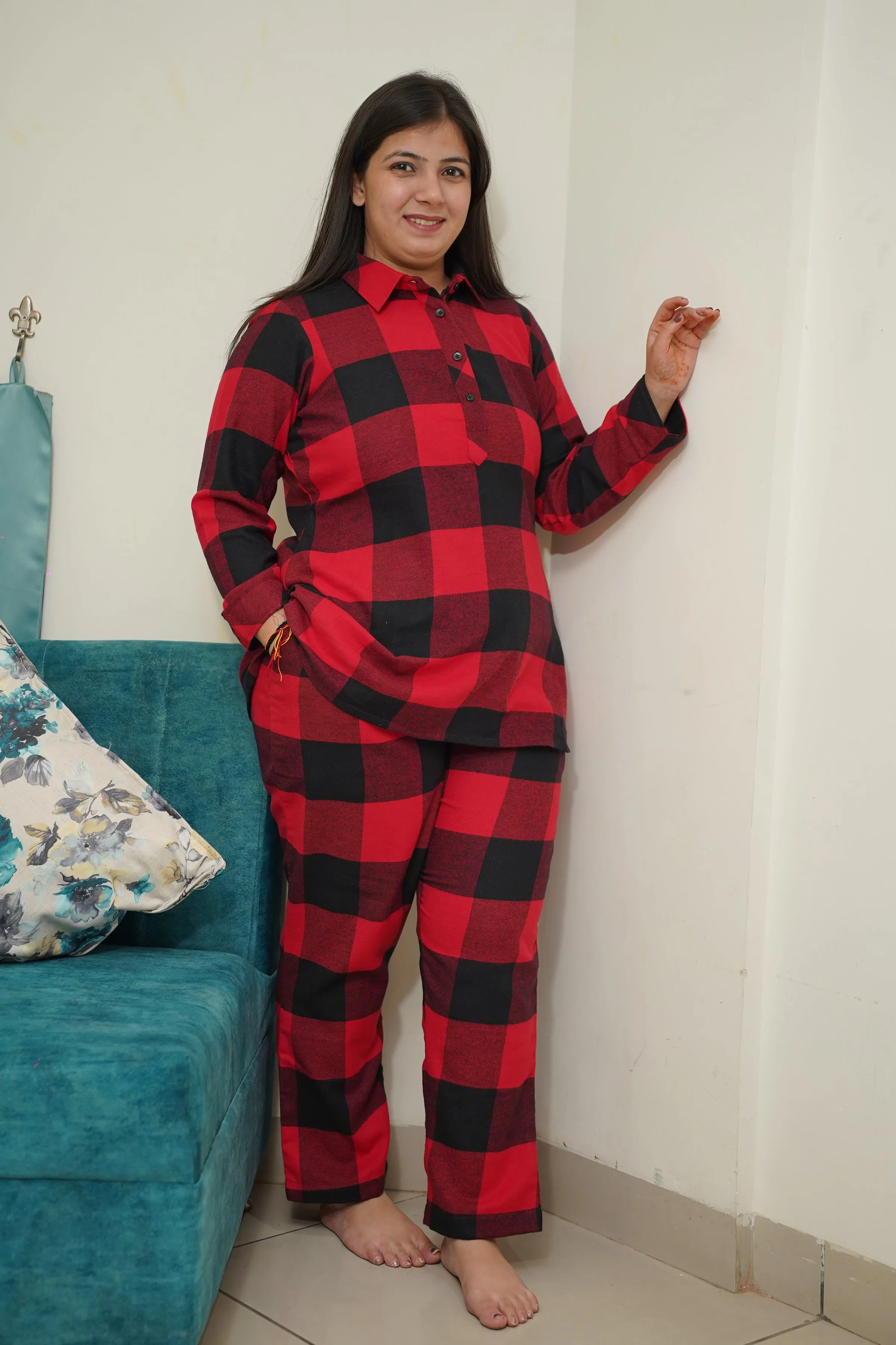Fiery Plaid Woollen Night Suit