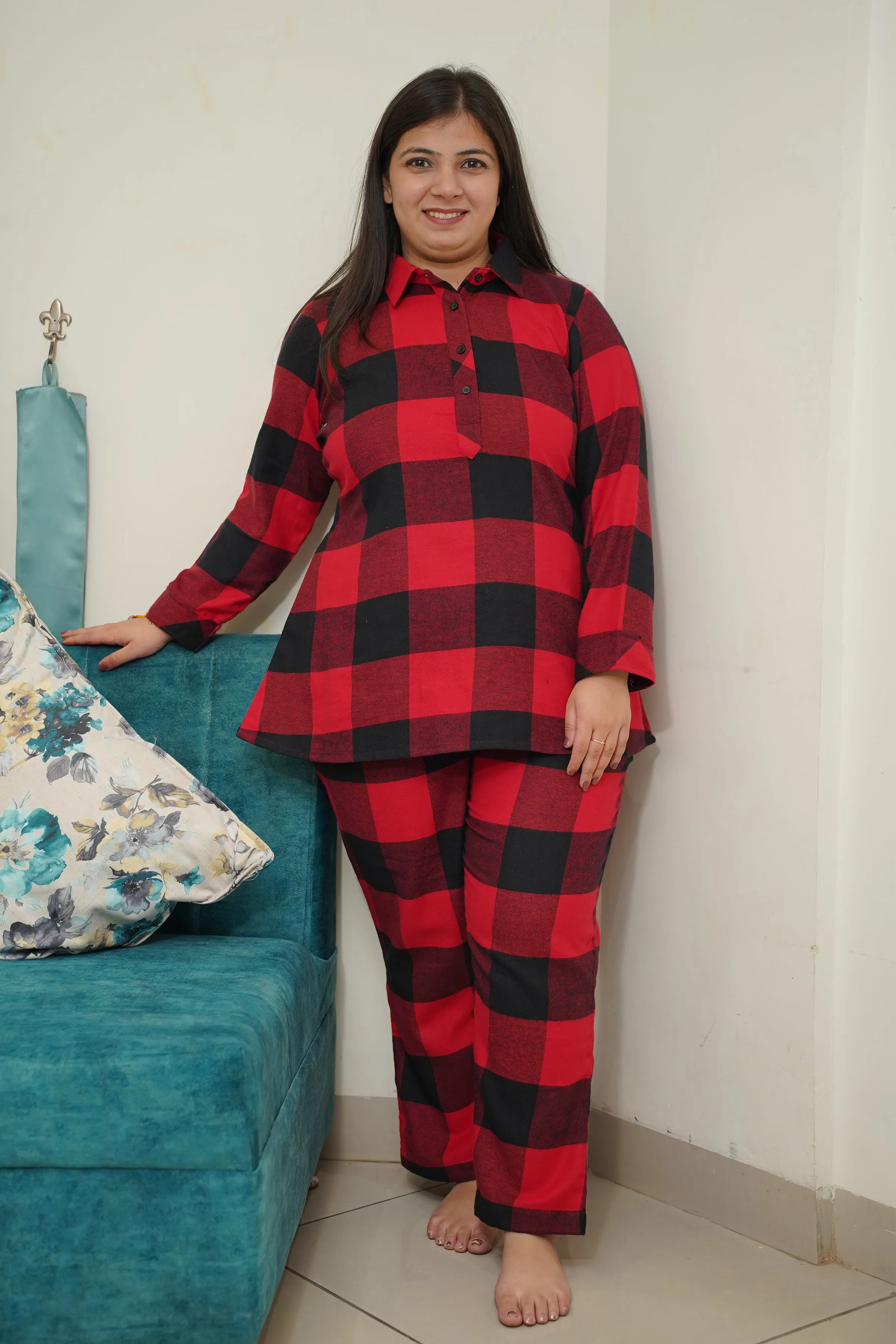 Fiery Plaid Woollen Night Suit