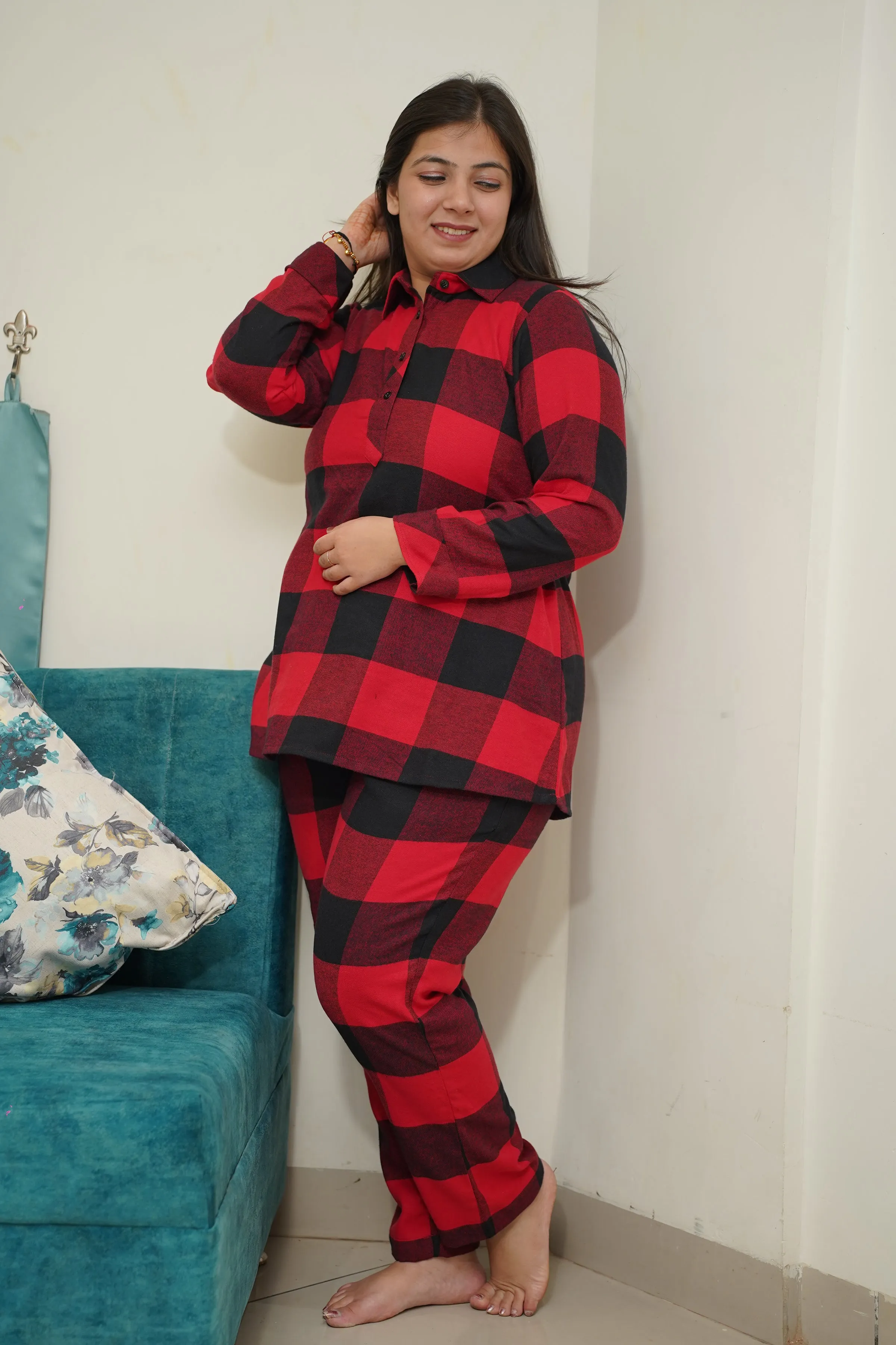 Fiery Plaid Woollen Night Suit