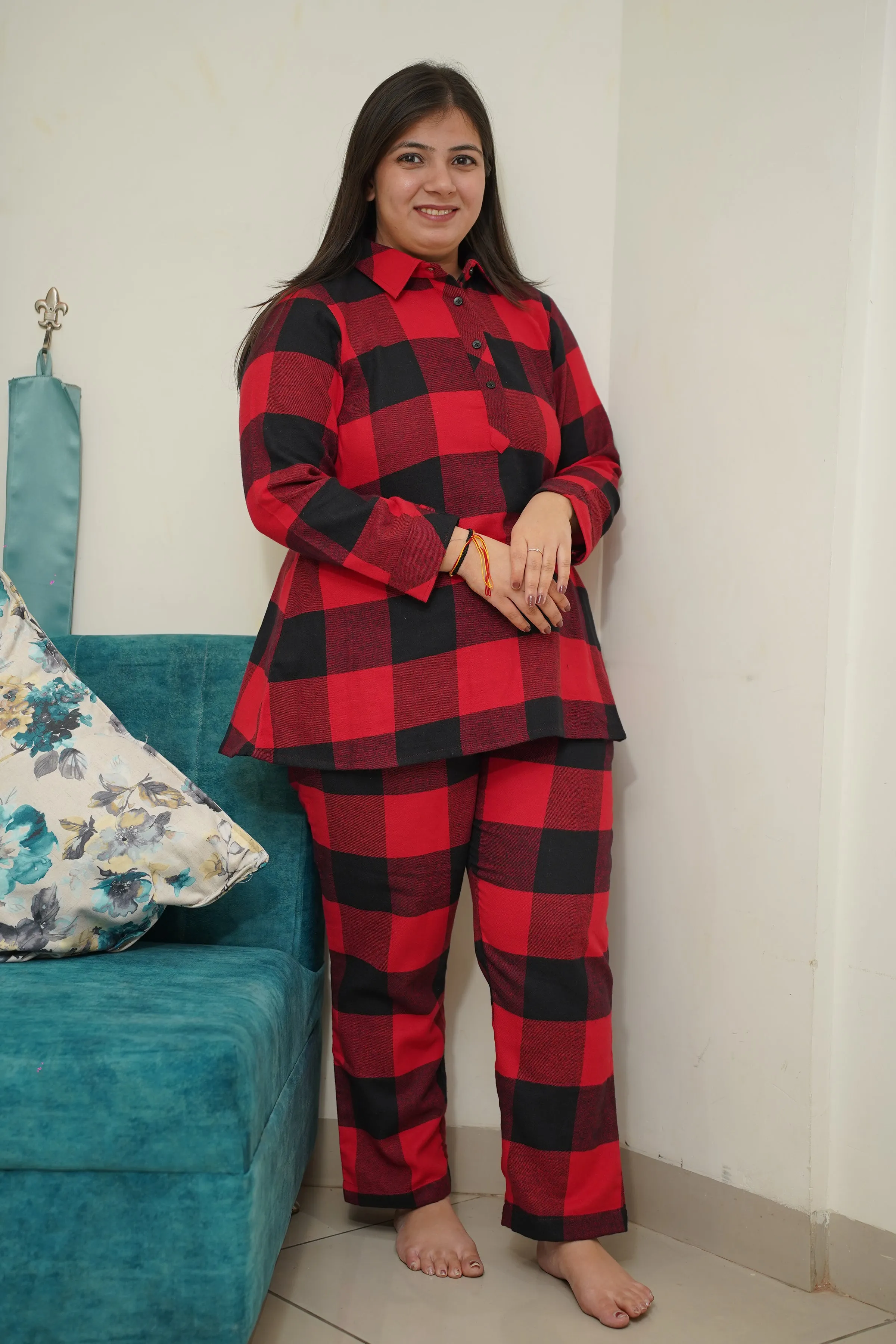 Fiery Plaid Woollen Night Suit