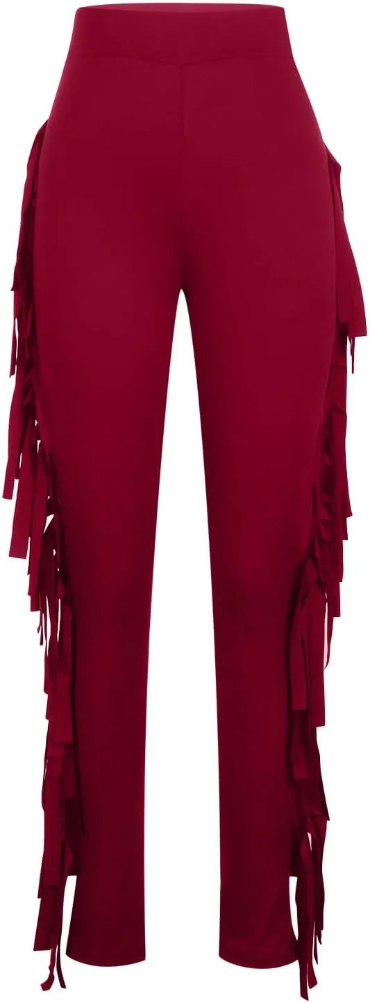 Firzero Women's Fringe Pants Casual High Waist Bodycon Side Tassel Pants Sexy Yoga Pants Long Lounge Jogger