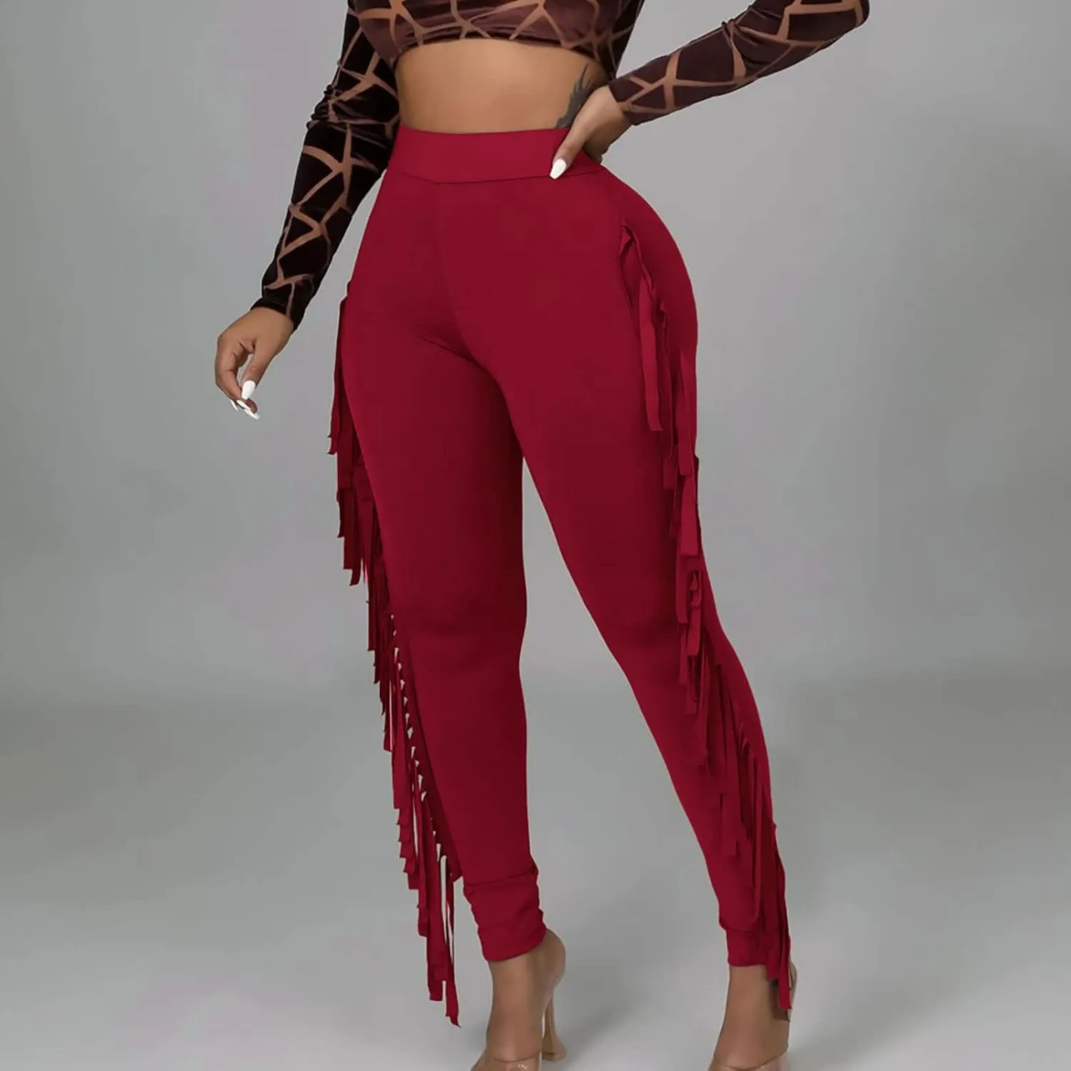Firzero Women's Fringe Pants Casual High Waist Bodycon Side Tassel Pants Sexy Yoga Pants Long Lounge Jogger
