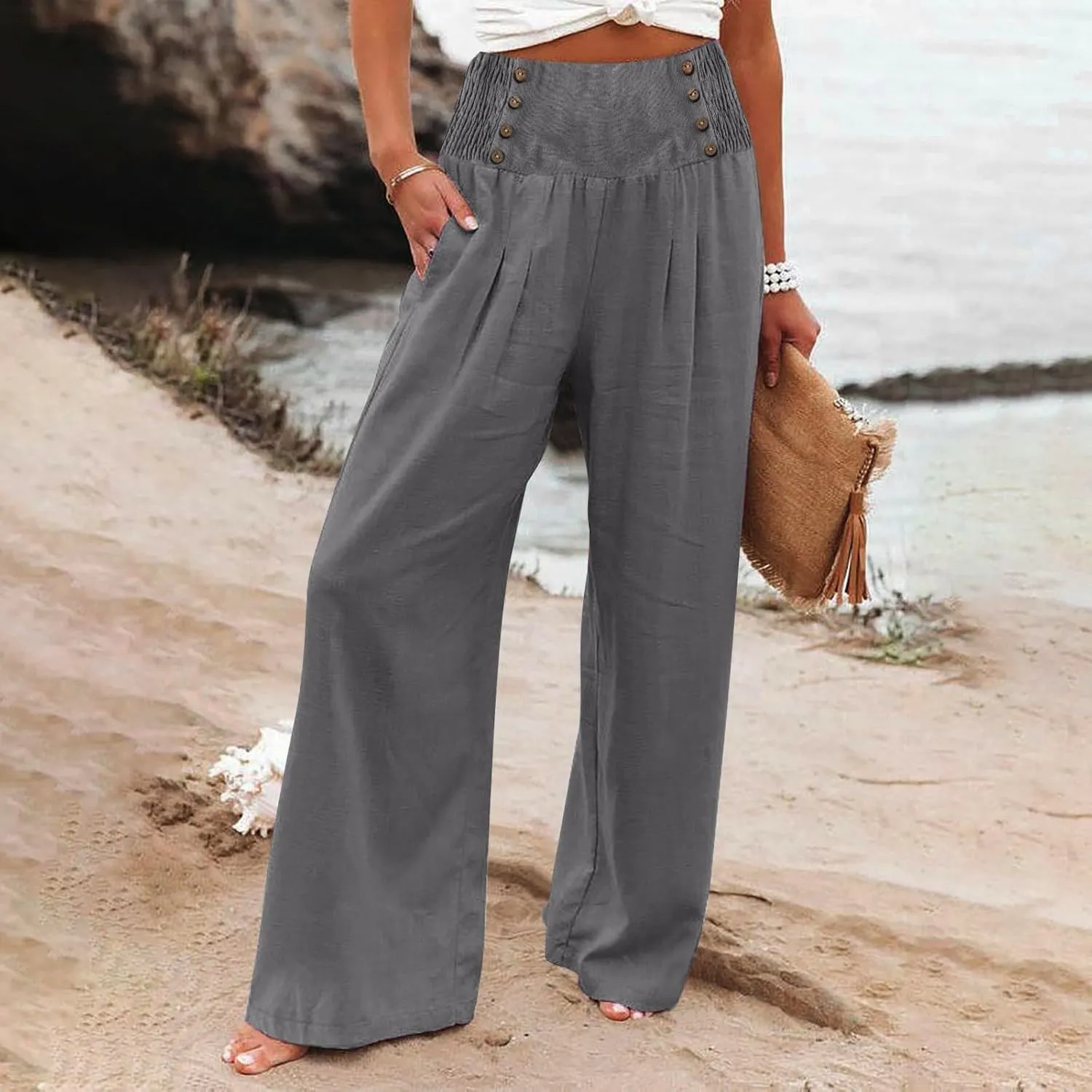 FlekmanArt Linen Wide Leg Pants Women Comfy Flowy High Waisted Beach Palazzo Pants with Pockets 2024