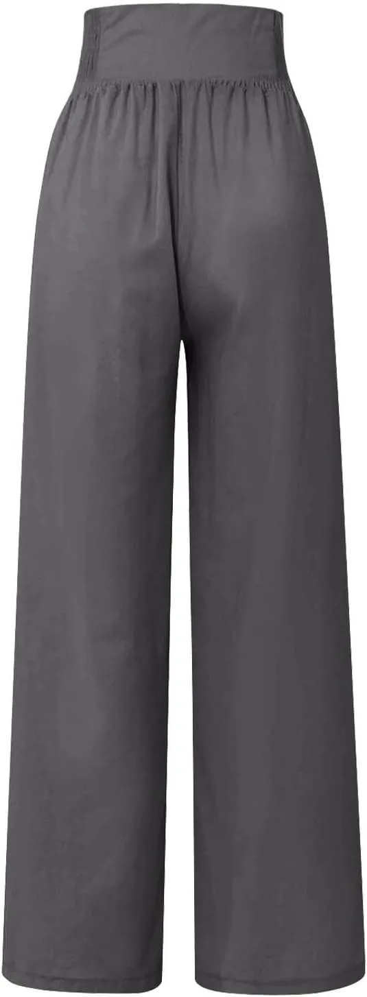 FlekmanArt Linen Wide Leg Pants Women Comfy Flowy High Waisted Beach Palazzo Pants with Pockets 2024
